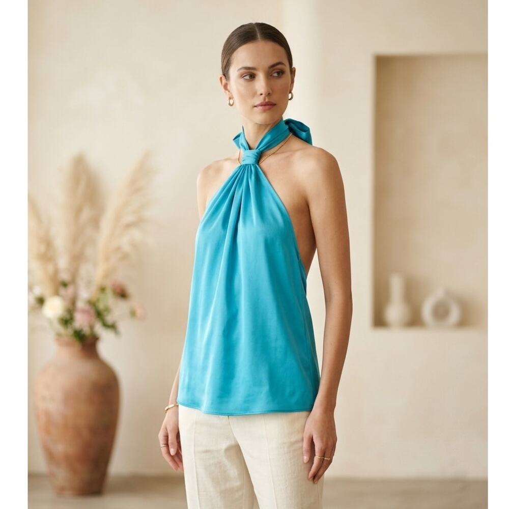 White House Black Market Blouse Top Womens 4 Teal Blue Satin Pleated Halter Neck
